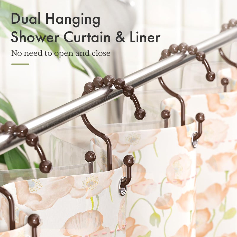 Amazer Shower Curtain Hooks Plastic Double Shower Curtain Rings for Bathroom Shower Curtain Rod - Set of 12, Brown - Image 4